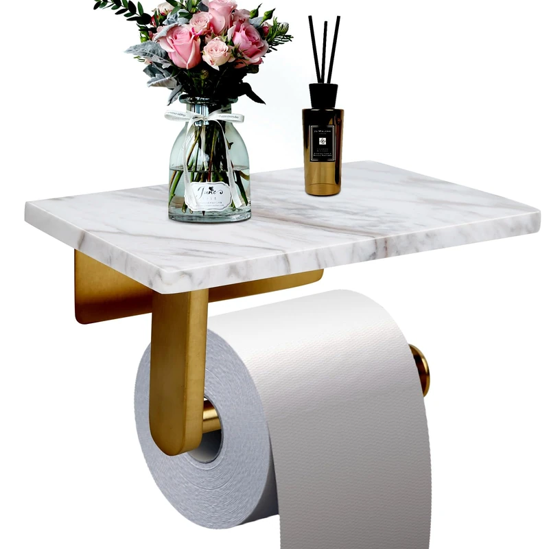 Toilet Paper Holder with Natural Marble Shelf for Bathroom Washroom,Wall Mounted Tissue Holder Suitable for Mega Roll (Brushed Gold, Middle 7.87 * 4.72 in)