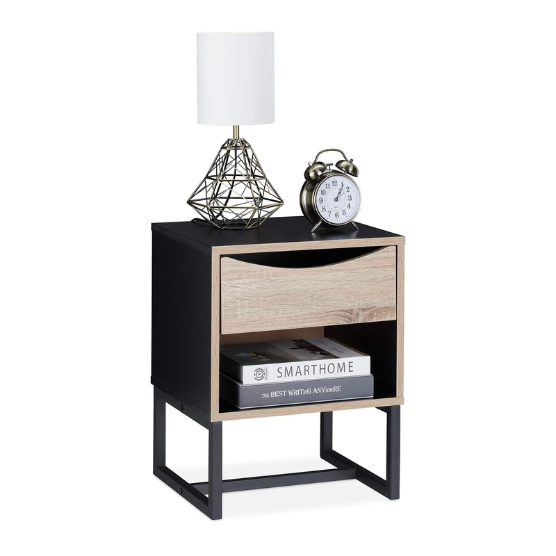 Relaxdays Night Stand, Side Table, Drawer, H x W x D: approx. 50 x 39 x 35 cm, Metal, Black/Natural