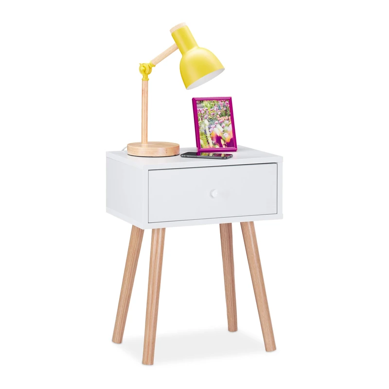 Relaxdays Night Stand, Side Table, Drawer, H x W x D: approx. 55 x 42 x 30 cm, Wood, White - Image 1