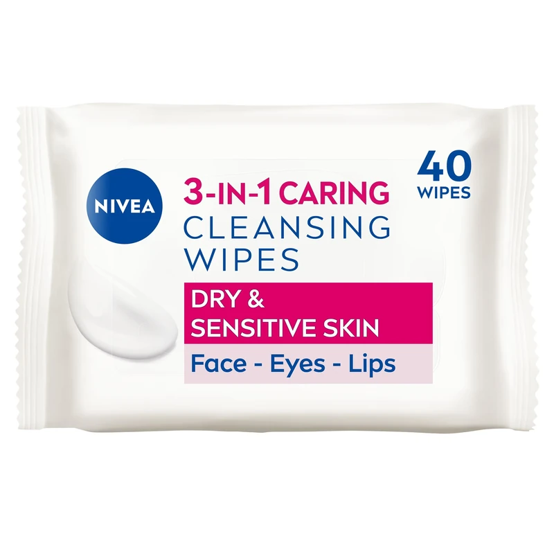 NIVEA 3in1 Caring Cleansing Wipes Dry Skin (40 Wipes), Plant-Based Makeup Remover Sheets, Face Wipes for Dry Skin, Gentle yet Effective Makeup Removal