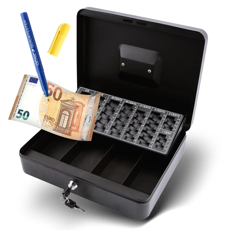 Olympia CB 770 Plus Box Including Genie Counterfeit Checker Made of Powder-Coated Steel, Retractable Handle, with Coin Counting Board, Security Cylinder Lock, 30 x 24 x 9 cm, Black