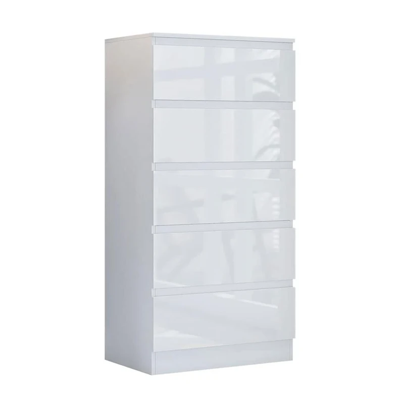 FWStyle Scandinavian Style 5 Drawer Chest, 40 cm Length x 60 cm Width x 121.5 cm Height, White Gloss