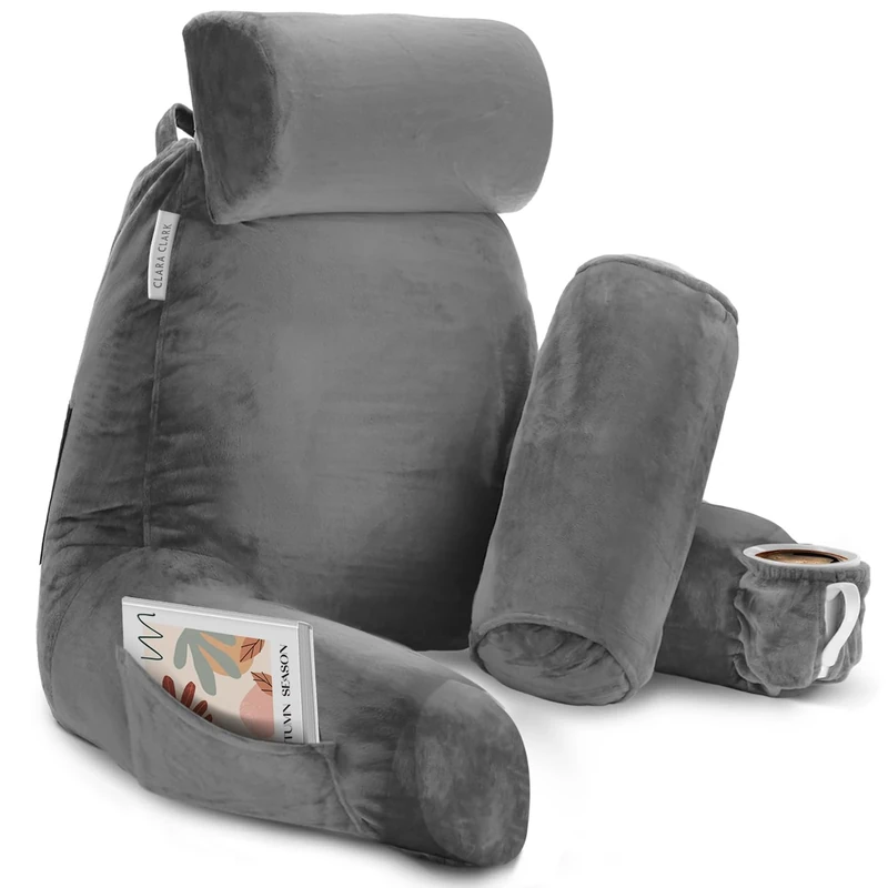 Clara Clark Reading Pillow, Large Back Pillow for Sitting Up in Bed, Memory Foam Back Support Pillow, Reading Pillows for Sitting in Bed Adult, Grey Sit Up Pillow for Bed Chair with Arms and Pockets