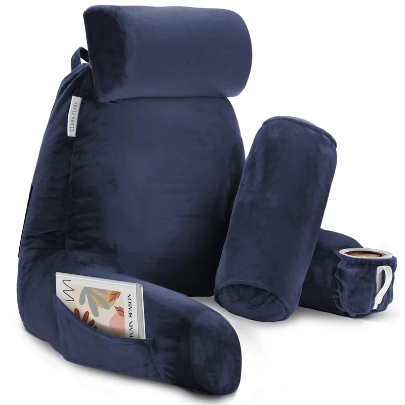 Clara Clark Reading Pillow, Large Back Pillow for Sitting Up in Bed, Memory Foam Back Support Pillow, Reading Pillows for Sitting in Bed Adult, Navy Blue Sit Up Cushion with Arms and Pockets