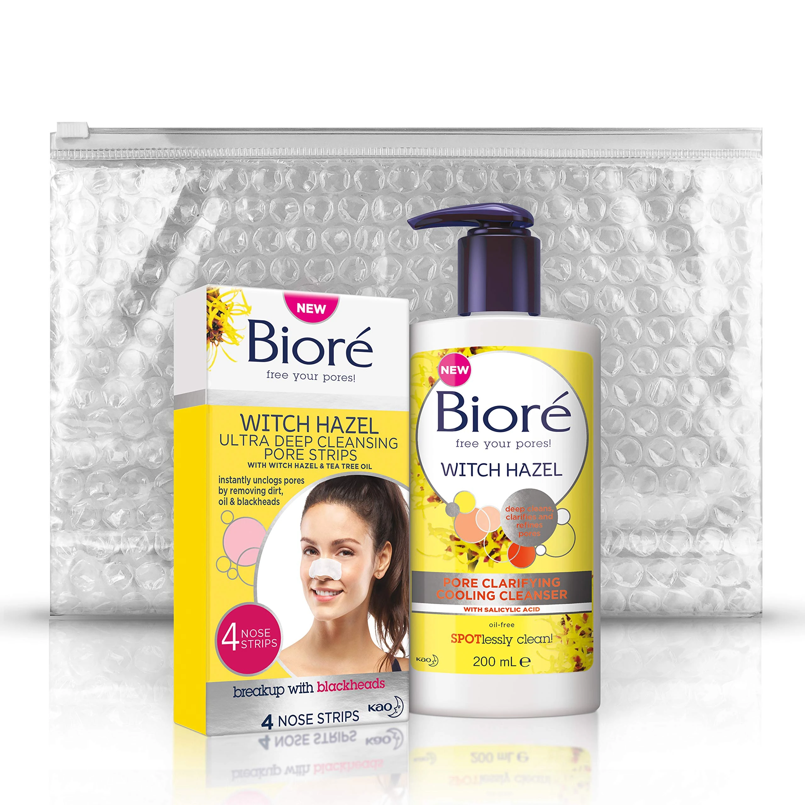 Bioré Witch Hazel Pore Clarifying + Cooling Face Wash Cleanser 200ml & Blackhead Remover Pore Strips x4 Nose Strips Total Regime Bundle, Oil Free with Salicylic Acid + Witch Hazel