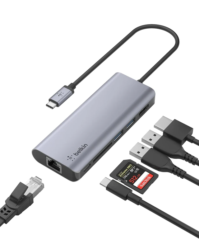 Belkin USB C Hub, 6-in-1 MultiPort Adapter Dock with 4K HDMI, USB-C 100 W PD Pass-Through Charging, 2 x USB A, Gigabit Ethernet Ports and SD Slot for MacBook Pro, Air, iPad Pro, XPS and More, Silver