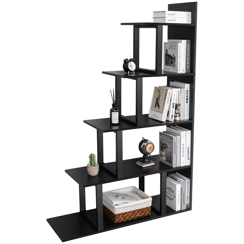 YITAHOME 5-Shelf Bookshelf, L-Shape Freestanding Ladder Corner Bookcase, Modern Minimalist Style Multipurpose Storage Display Rack for Living Room Bedroom Hallway Office, Black