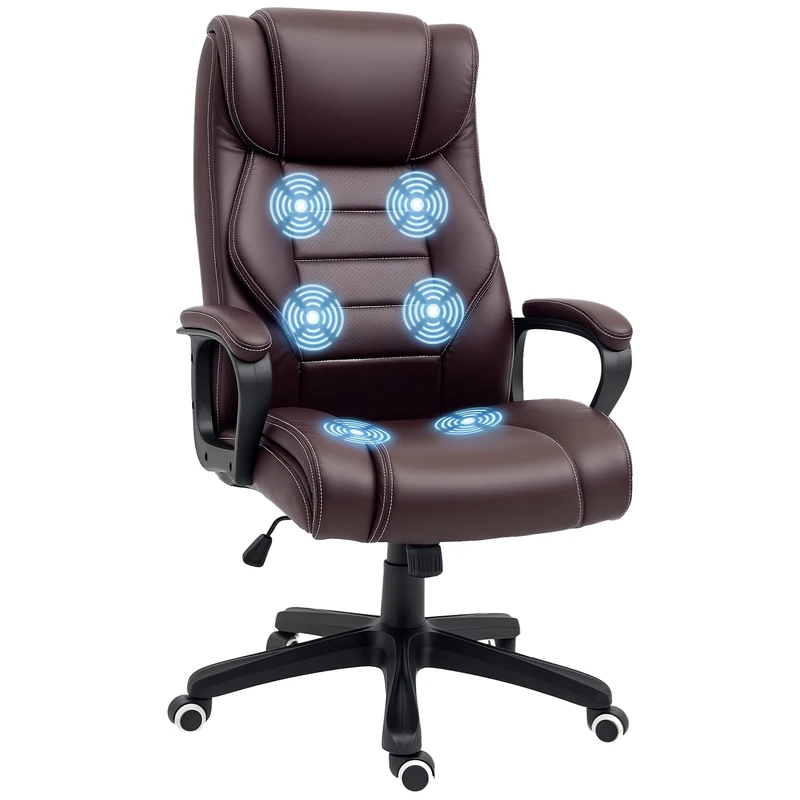 Vinsetto Office Chair with 6-Point Maaage, PU Desk Chair with Padded Seat and Armrest, Computer Chair with Tilt Function for Home, Brown