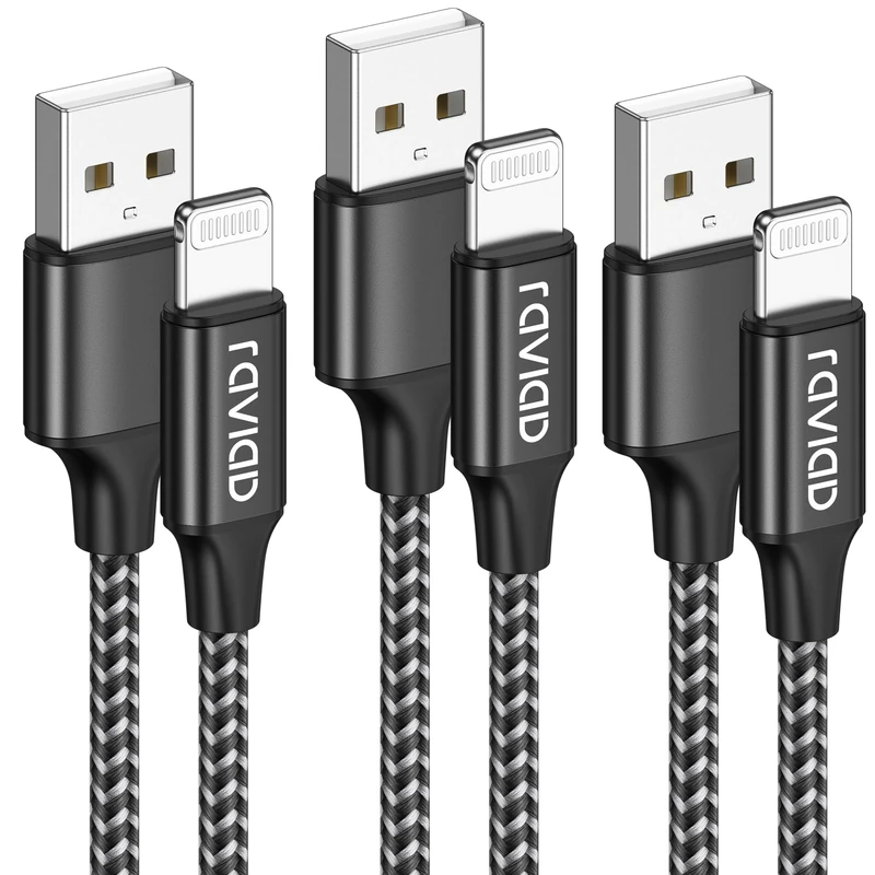 RAVIAD iPhone Charger Cable 3Pack 1M/3.3FT [MFi Certified] Nylon Braided Lightning Cable Fast Charging&Sync Lightning Charger for iPhone 14 13 12 11 Pro Max X XS XR 10 8 7 Plus 6 6s 5s SE 2020, Black