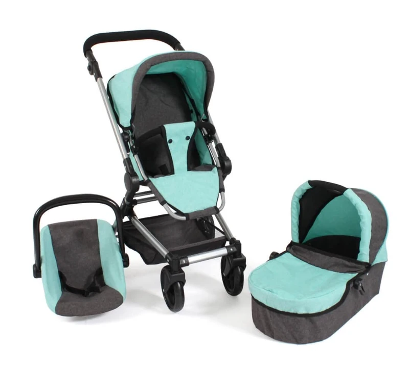 Bayer Chic 2000 645 42 Fides 3-in-1 Combination Doll's Pram, Melange Anthracite-Mint, 61 x 44,5 x 85 cm