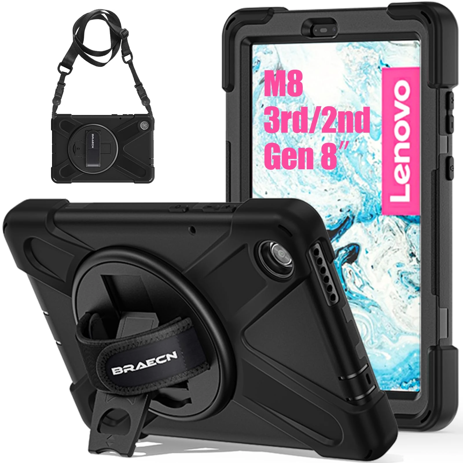 BRAECN Case for Lenovo Tab M8 HD 3rd Gen/2nd Gen 8 Inch 2022/2019, Sturdy and Durable Shockproof Protective Cover with 360°Rotating Hand Strap/Stand and Shoulder Strap TB-8506F/8505X/8505F
