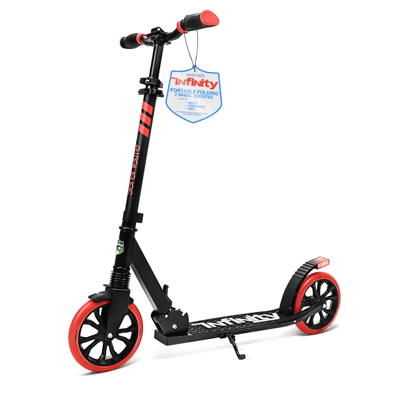 SereneLife Folding Kick Scooter, Kick Scooter for Kids Ages 8–12, Boys, Girls, Teenagers 11–15, Stunt Folding Scooter, Adult Scooter with Big Wheels, Lightweight & Adjustable, Red