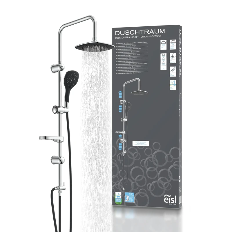 EISL DUSCHTRAUM DXLD60088CS Shower Set with Rain Shower 200 x 200 mm and Hand Shower with Wall Mount Chrome/Black