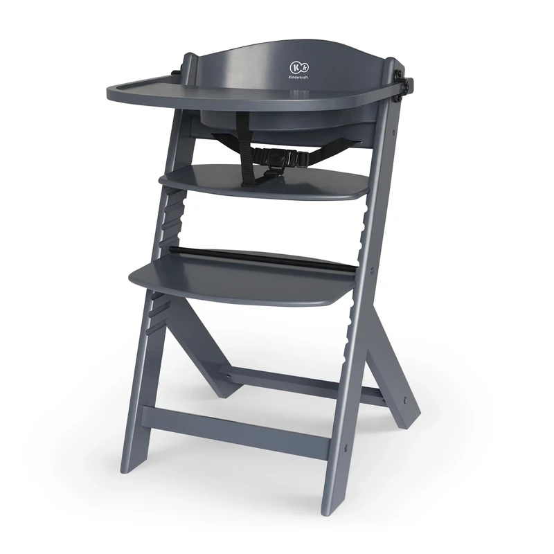 Kinderkraft Wooden Highchair 3 in 1 ENOCK, Multifunctional Baby Chair, Ajustable Heigh and Footrest, Safety Harness, with Detachable Tray, for Children up to 10 Years, Gray