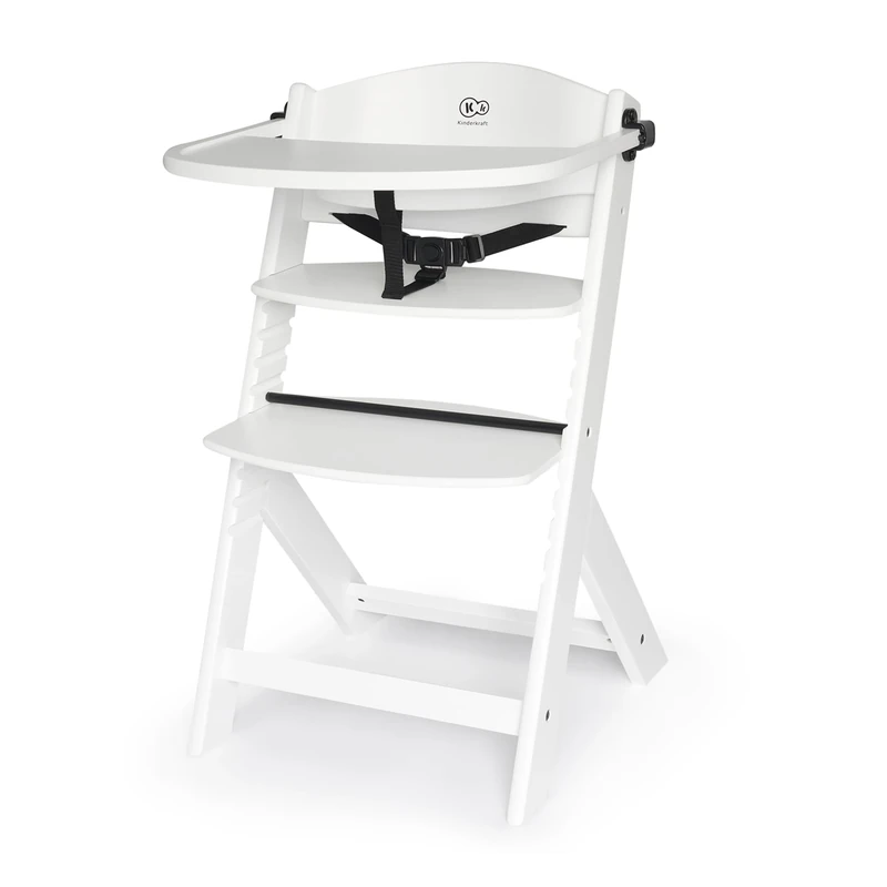 Kinderkraft ENOCK 2-in-1 Wooden High Chair 6m-10y, Solid Beechwood, up to 35 kg, 3-Point Harness, Removable Tray, Adjustable seat & footrest, Safety Barrier, fits Dining Tables, White