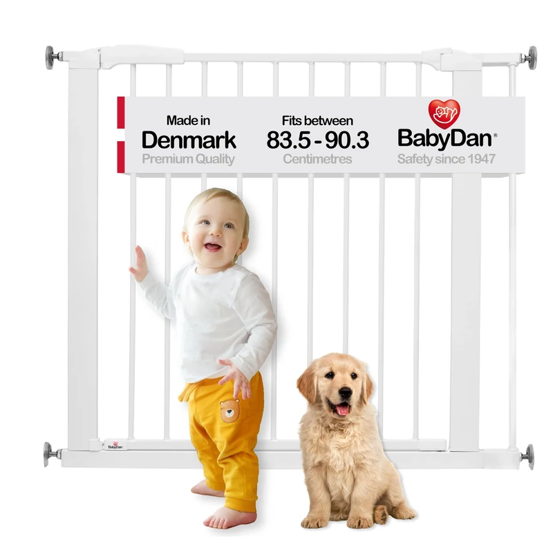 BabyDan Swing Shut, Pressure Fit Stair Gate, 77.3-90.3 cm, Baby Gate/Safety Gate, White,Made in Denmark - (Pet Gate/Dog gate)