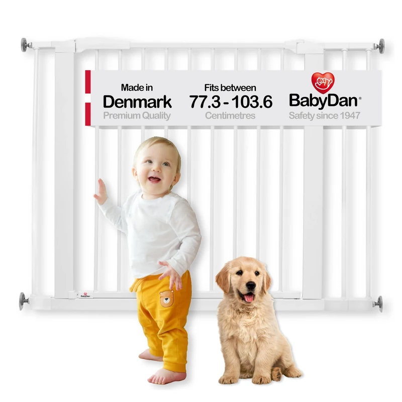 BabyDan Swing Shut, Pressure Fit Stair Gate, 77.3-103.6 cm, Baby Gate/Safety Gate, White, Made in Denmark - (Pet Gate/Dog gate)