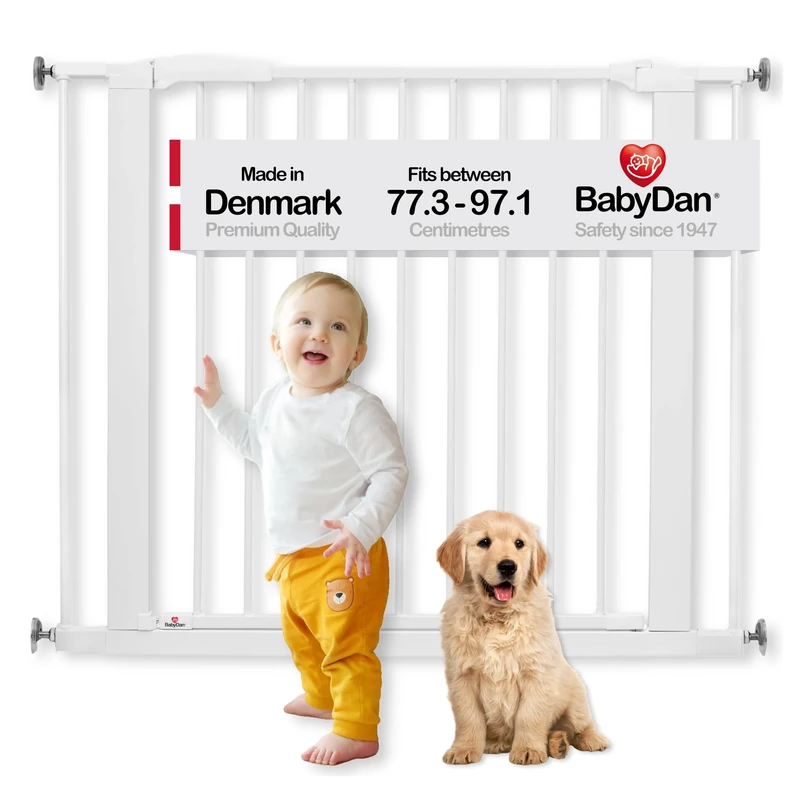 BabyDan Swing Shut, Pressure Fit Stair Gate, 77.3-97.1 cm, Baby Gate/Safety Gate, White, Made in Denmark - (Pet Gate/Dog gate)