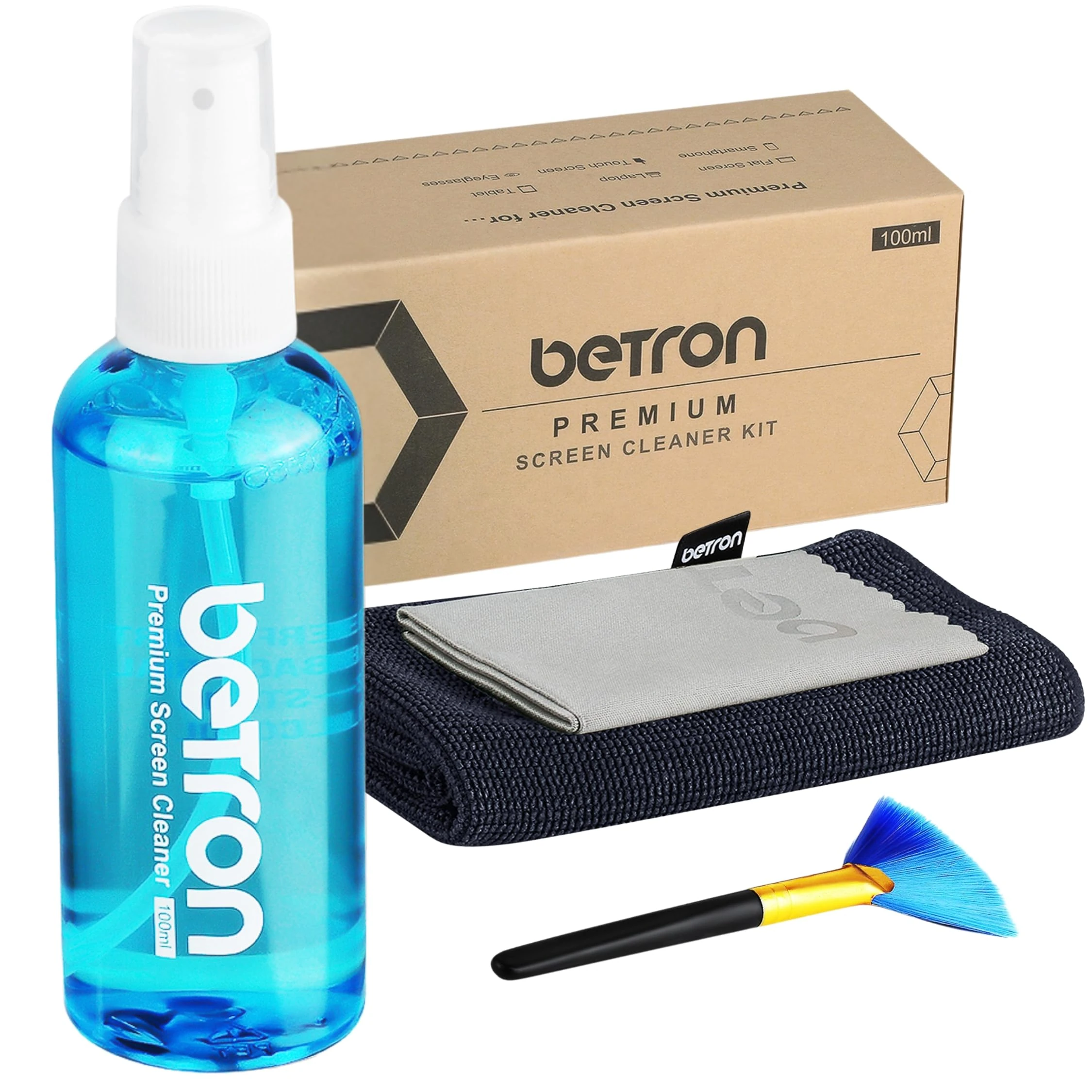 Betron Screen Cleaner Spray for TV, Laptop, Macbook, Computer, Monitor, Mobile Phone Cleaning Kit including Brush and Microfibre Cleaning Cloth, 100ml