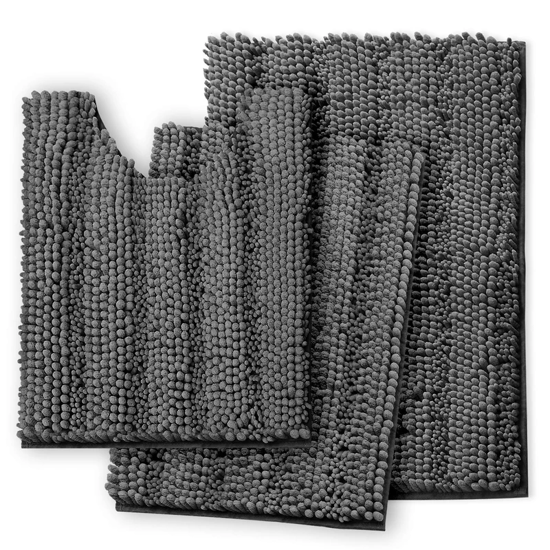 Clara Clark Chenille Bathroom Rugs, Ultra Soft Plush Shaggy Bath Mats for Bathroom, Machine Washable Non Slip Backing Rubber Bath Rug Set, 3 Piece Bathroom Rug Set, Gray - Image 1