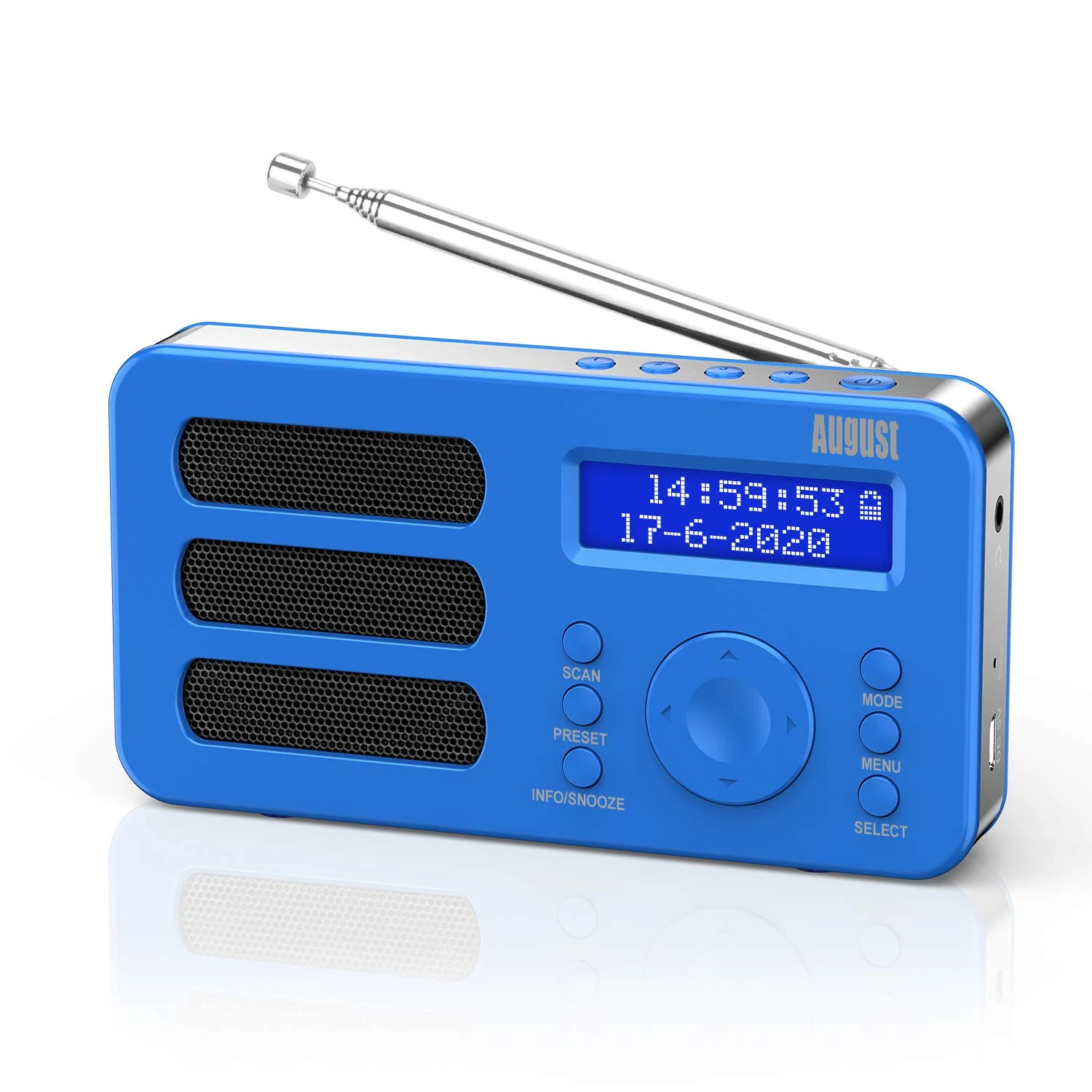 August MB225L Portable DAB/DAB+/FM Digital Radios – Rechargeable Small Radio with 40 Station Presets, RDS, Dual Alarm Clock with Snooze and Sleep Timer, 4 One-Touch Preset Buttons, Aux Out – Blue