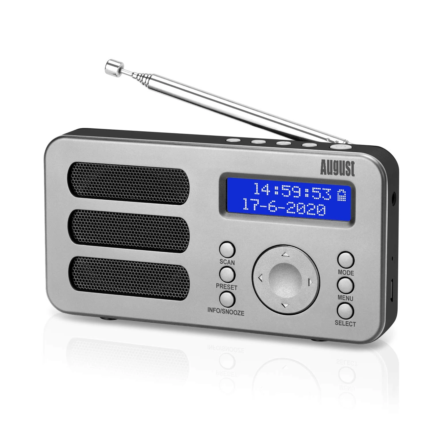August MB225S Portable DAB/DAB+/FM Digital Radios – Rechargeable Small Radio with 40 Station Presets, RDS, Dual Alarm Clock with Snooze and Sleep Timer, 4 One-Touch Preset Buttons, Aux Out – Silver