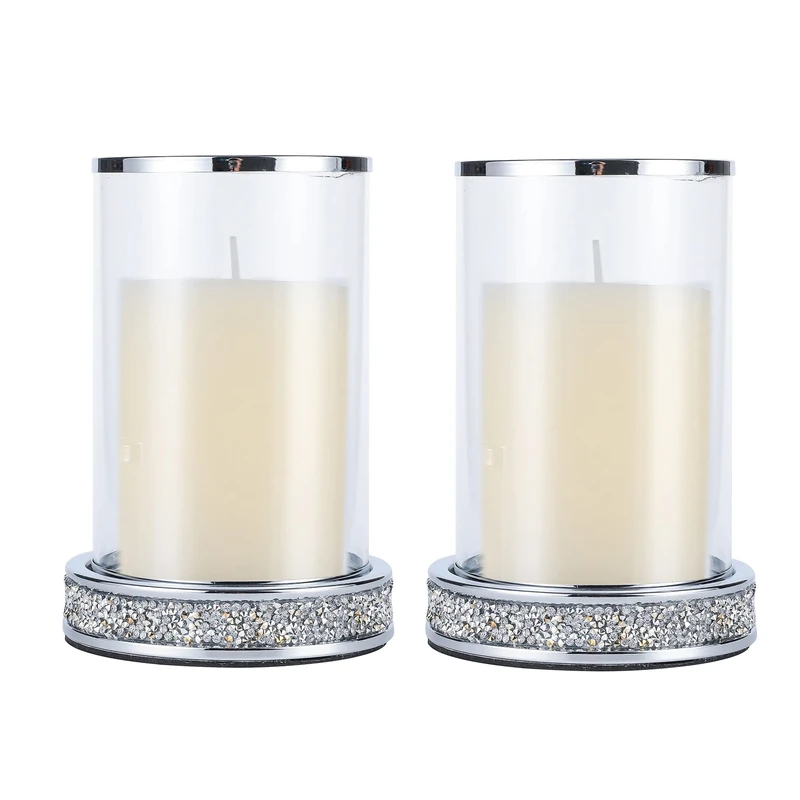 Pillar Candle Holders,Candlesticks Holder with Glass Hurricane Lid,Metal Candle Holder for Coffee Dining Table, Wedding, Christmas, Halloween, Home Decoration 2 Pieces a Set Silver YL001S - Image 1