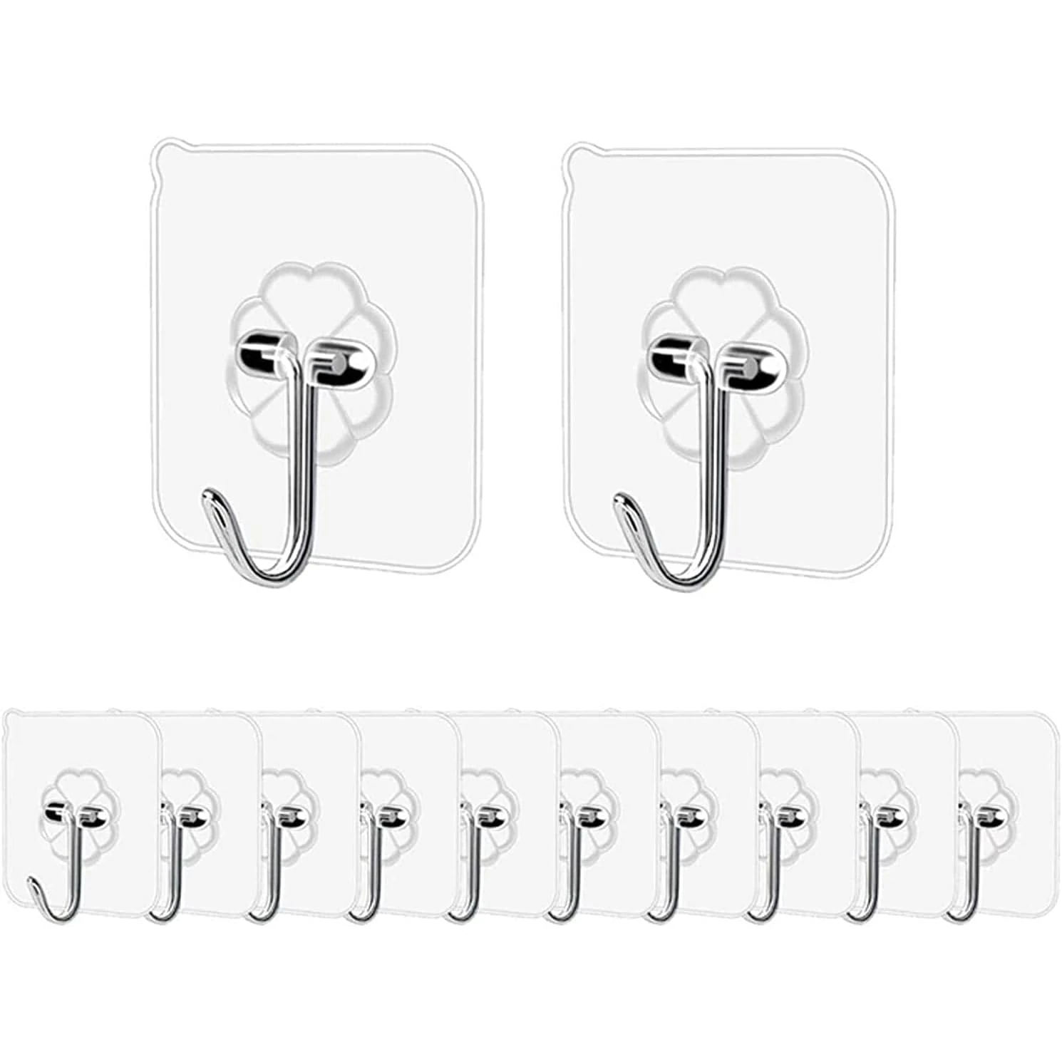 Pubiao (12 Pack) Adhesive Hooks Transparent Plastic Strong Stick Wall Hooks for Kitchen Bathroom Clothes Office Ceiling Hanger
