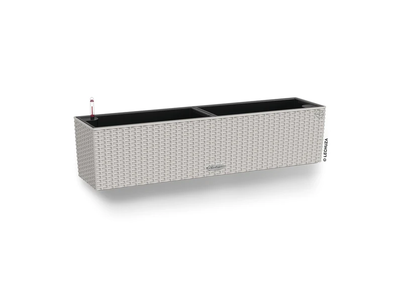 Lechuza BALCONERA Cottage 80 Self Watering Planter Plastic Indoor/Outdoor Flower Rattan Look Plant Pot Table and Window Box with Drainage Hole H19 L80 W19 cm Light Grey