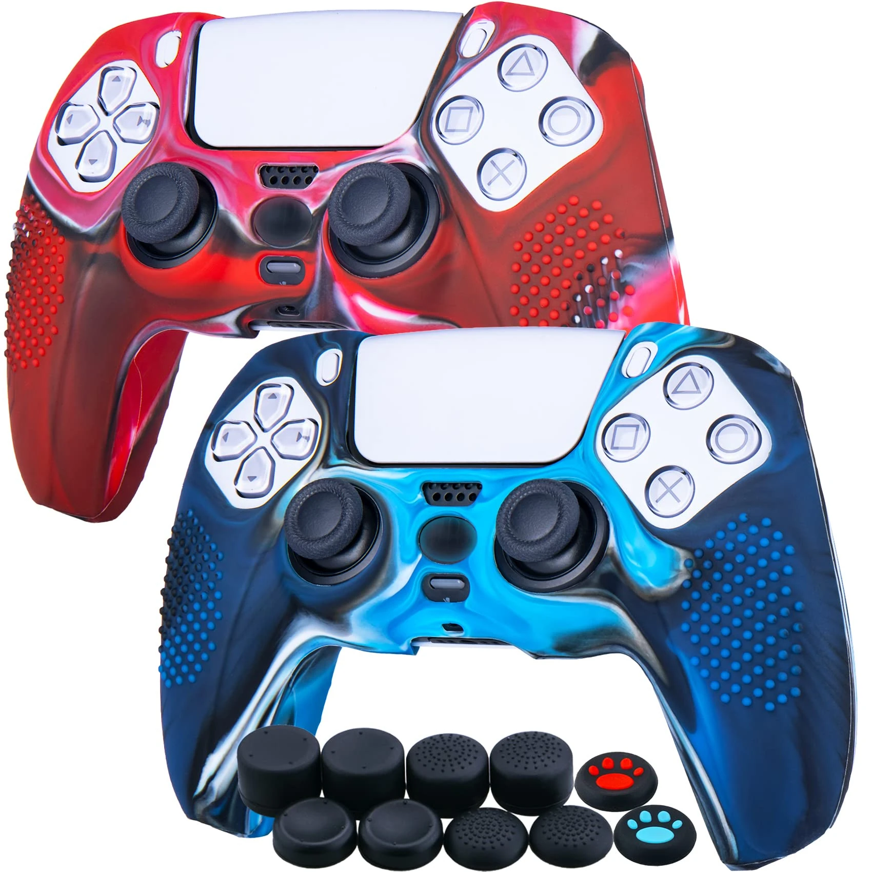 YoRHa Studded Silicone Rubber Gel Customizing Skin Cover for PS5 Dualsense Controller x 2(Camouflage Red+Blue) with Pro Thumb Grips x 10