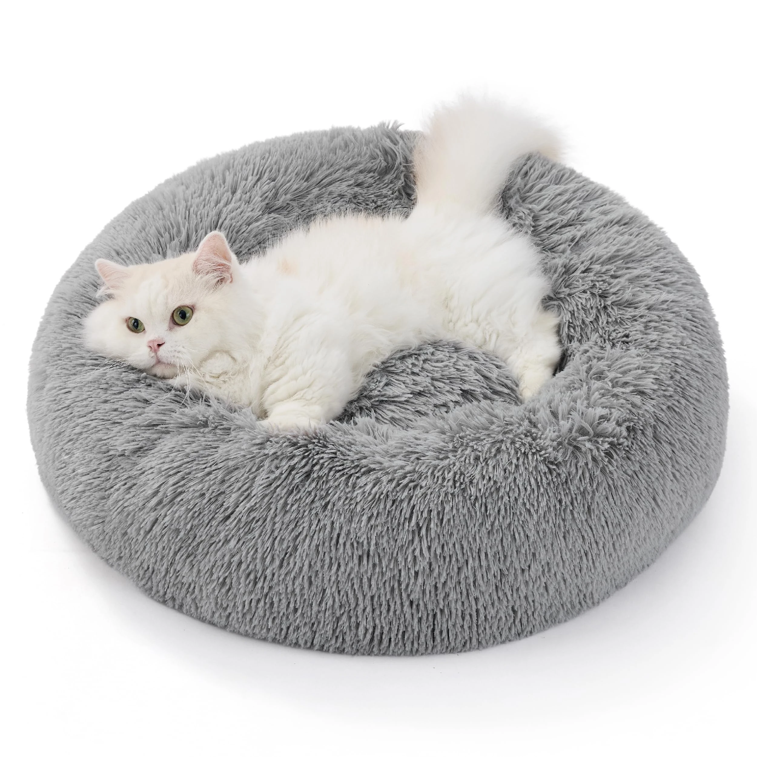 Bedsure Large Cat Donut Bed - 50x50x13cm Small Dog Bed for Indoor Cats and Puppy, Washable Round Cat Beds for Small Dogs, Fluffy Calming Anti Anxiety Kitten Bed, Light Grey