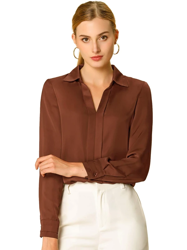 Allegra K Women's Silk Top Elegant V Neck Satin Blouse Long Sleeve Dressy Business Shirt Work Tops 2025, Coffee, M - Image 1