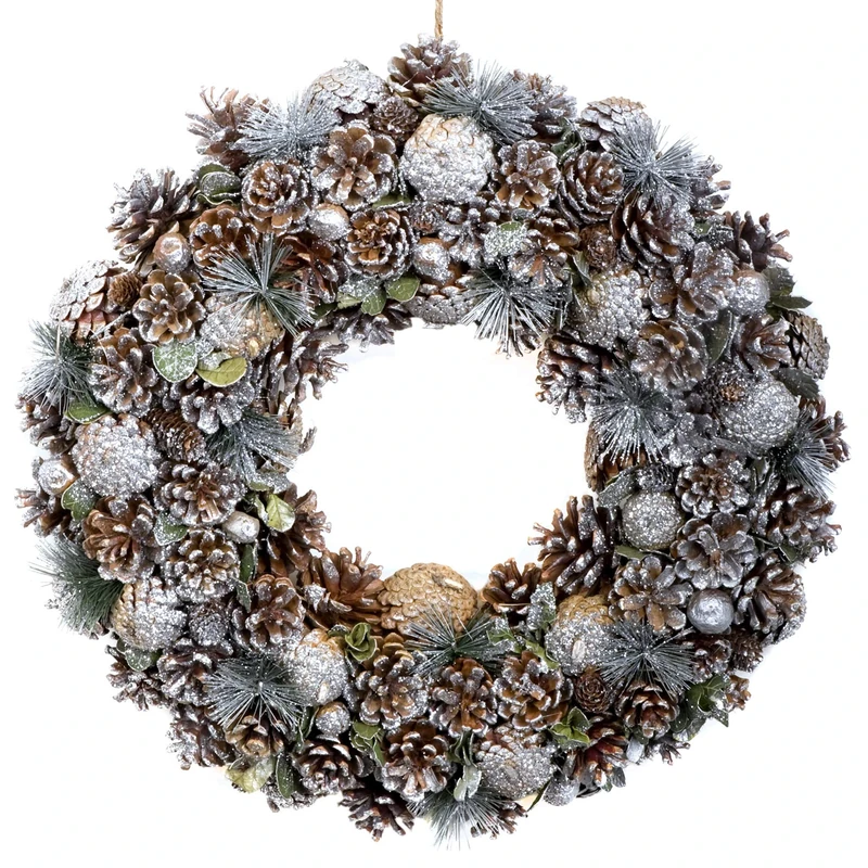 GreenBrokers Christmas Hanging Wreath 48cm- Festive Silver Display with Pine Cones