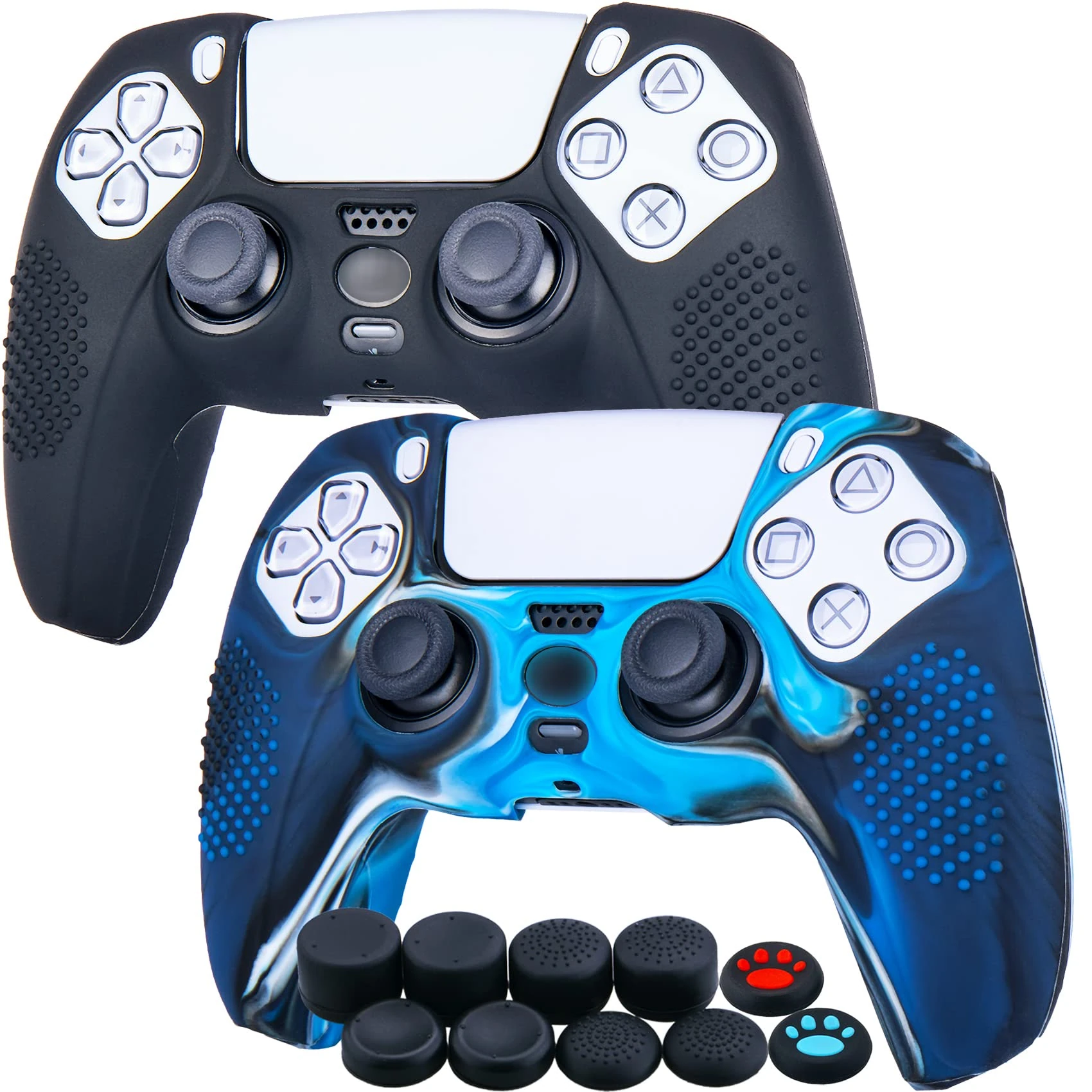 YoRHa Studded Silicone Rubber Gel Customizing Skin Cover for PS5 Dualsense Controller x 2(Camouflage Blue+Black) with Pro Thumb Grips x 10