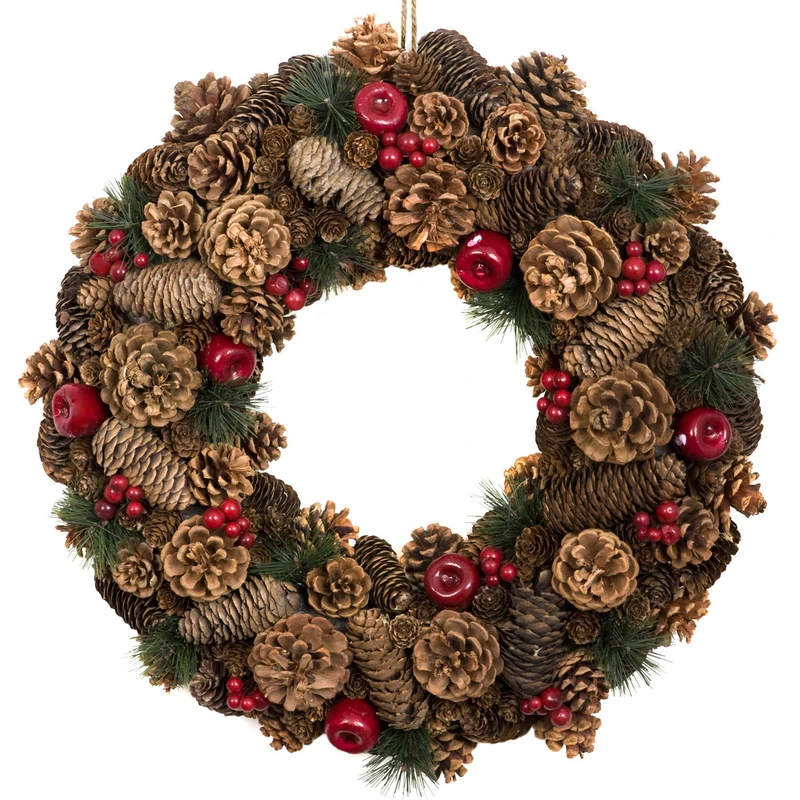 GreenBrokers Christmas Hanging Wreath 48cm - Festive Pine Cone Display with Red Berries - Image 1