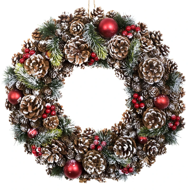 GreenBrokers Christmas Hanging Wreath 48cm - Festive Pine Cone Display with White Frosting - Image 1