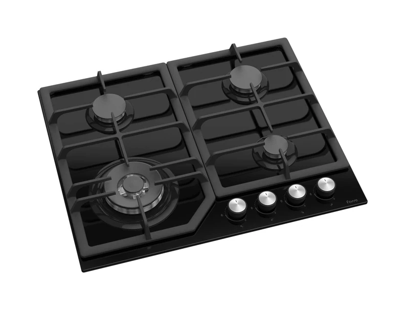 Ferre SA025 - 60cm Built-in Gas Hob, Black Glass, Cast Iron Pan Supports