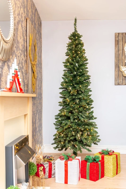 8Ft/2.4m Pre-Lit Artificial Slim Christmas Tree Green Pencil Tree, Pointed Tips, Metal Stand Warm White LEDs Lights Holiday Home Decorations