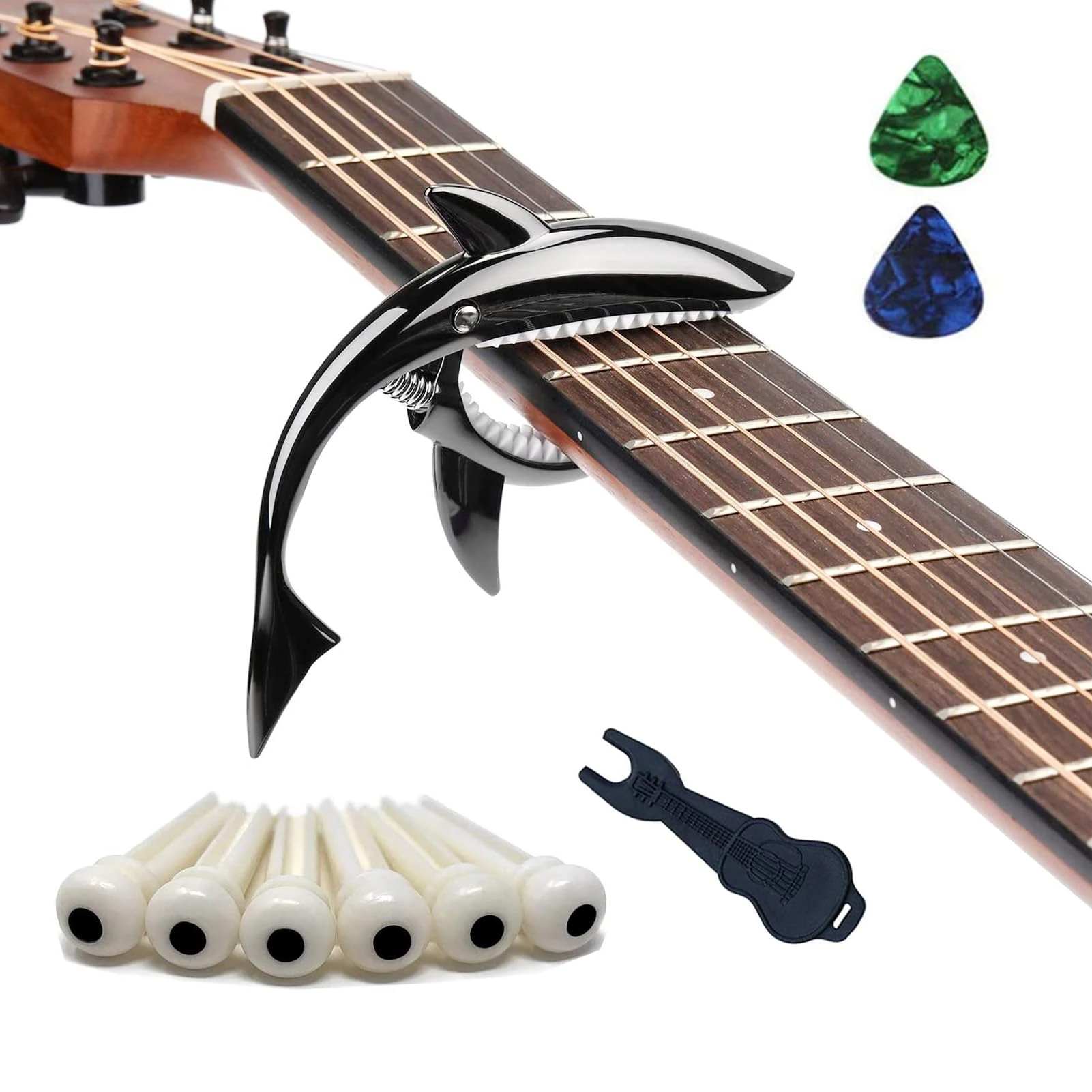 Shark Guitar Capo for Acoustic and Electric Guitar Shark Capo-Made of Zinc Alloy for 6 String Guitar Has a unique cool beauty and Easy to fit on the guitar(Black)
