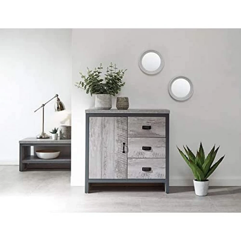 GFW Boston Grey Wood Effect 1 Door 3 Drawer Multi Storage Unit Cabinet
