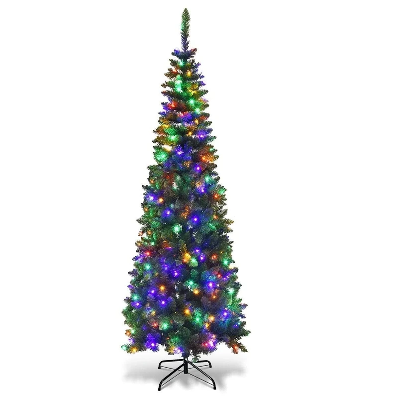 8Ft/2.4m Pre-Lit Artificial Slim Christmas Tree Green Pencil Tree, Pointed Tips, Metal Stand Multicolour LEDs Lights Holiday Home Decorations