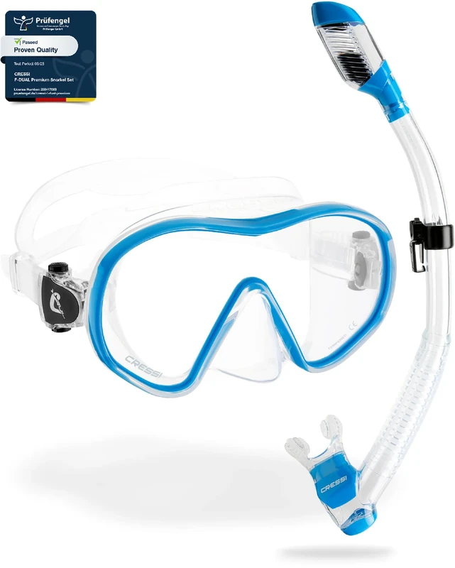CRESSI F-Dual + Supernova Dry Combo - Unisex Diving Mask F-Dual rimless and Dry Snorkel for Snorkelling and Scuba Diving, Colour Clear/Blue, One Size