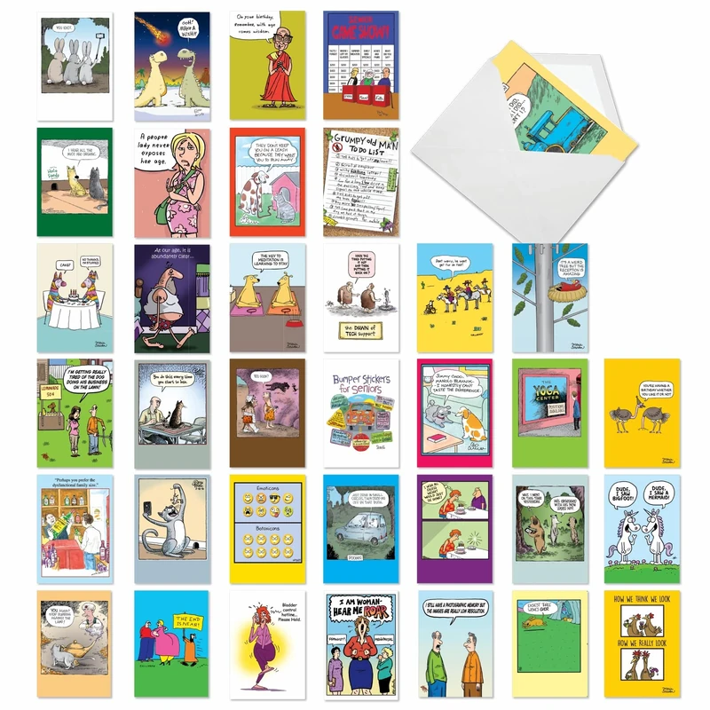 NobleWorks - 36 Assorted Funny Birthday Cards Bulk Box Set with Envelopes (36 Designs, 1 Each) Mixed Humor Greeting Card Variety Pack for Men and Women - Cartoon Party AC9374BDG-B1x36