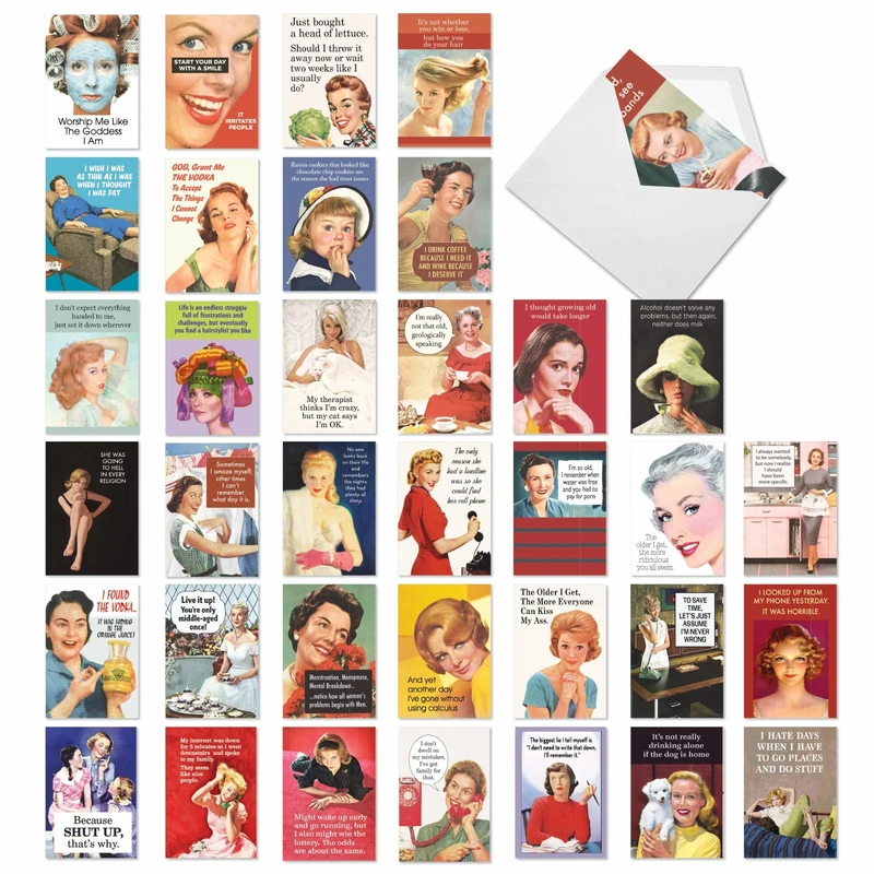 NobleWorks,36 Assorted Funny Birthday Cards Bulk Box Set with Envelopes (36 Designs, 1 Each) Mixed Vintage Retro Adult Naughty Humor Women B-Day Greeting Card,Ephemera Femme Festival AC9377BDG-B1x36