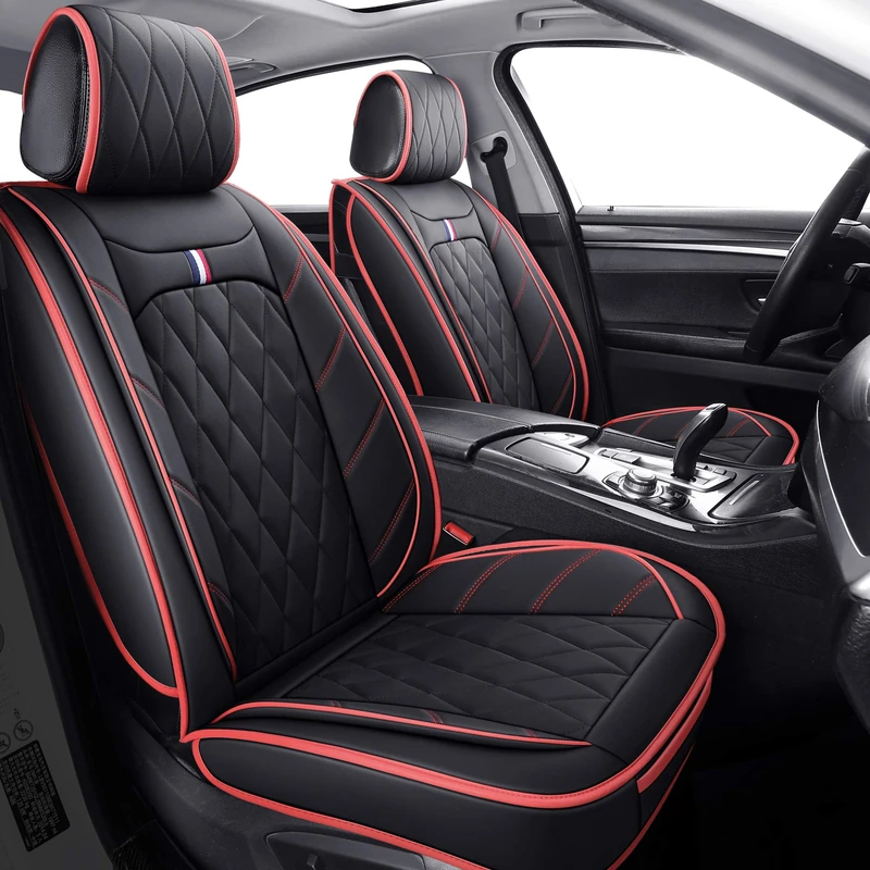 5 Car Seat Covers Full Set Waterproof Leather Universal Cushions Split Bench Compatible with Toyota Camry Kia Nissan Chevy Malibu CRV Focus Fusion Jeep Wrangler Cherokee (Full Set, Black-Red)