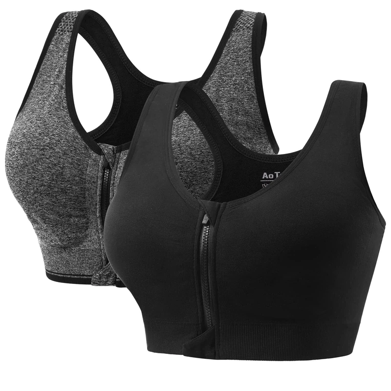 AoToZan 2 Pack Women Sports Bras High Impact Seamless Wireless Padded Yoga Bralette, Zip Front Fastening Workout Running Gym Top Bra (Black Grey, XL)