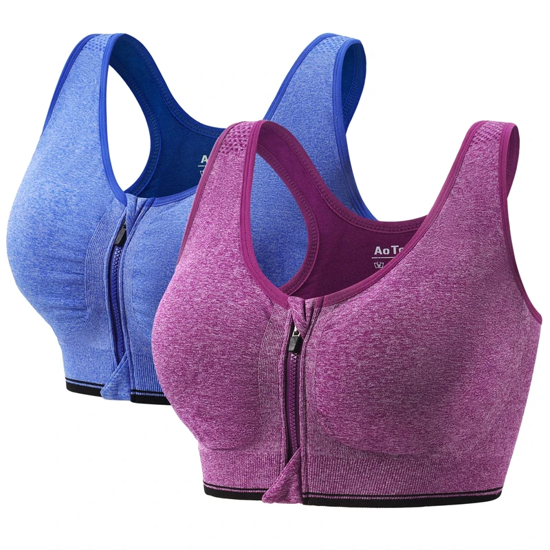 AoToZan 2 Pack Women Sports Bras High Impact Seamless Wireless Padded Yoga Bralette, Zip Front Fastening Workout Running Gym Top Bra (Blue Purple, XL)