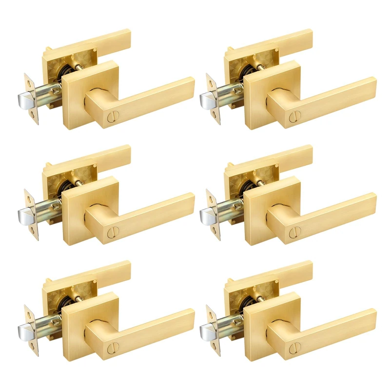EHOMEWARE 6 Pack Gold Door Knobs Interior Brass Door Handles in Satin Brass Finish, Privacy Function for Bedroom Bathroom, Heavy Duty Gold Door Handles Levers with Modern Design