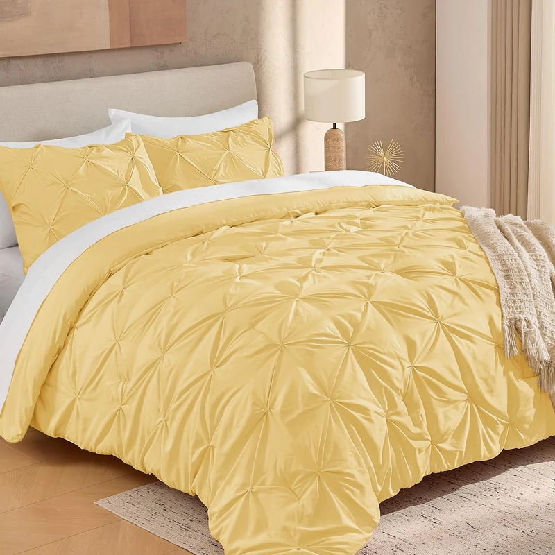 Andency Yellow Pinch Pleat Comforter Full(79x90Inch), 3 Pieces(1 Pintuck Comforter and 2 Pillowcases) Pintuck Comforter Set, Microfiber Down Alternative Comforter All Season Bedding Set