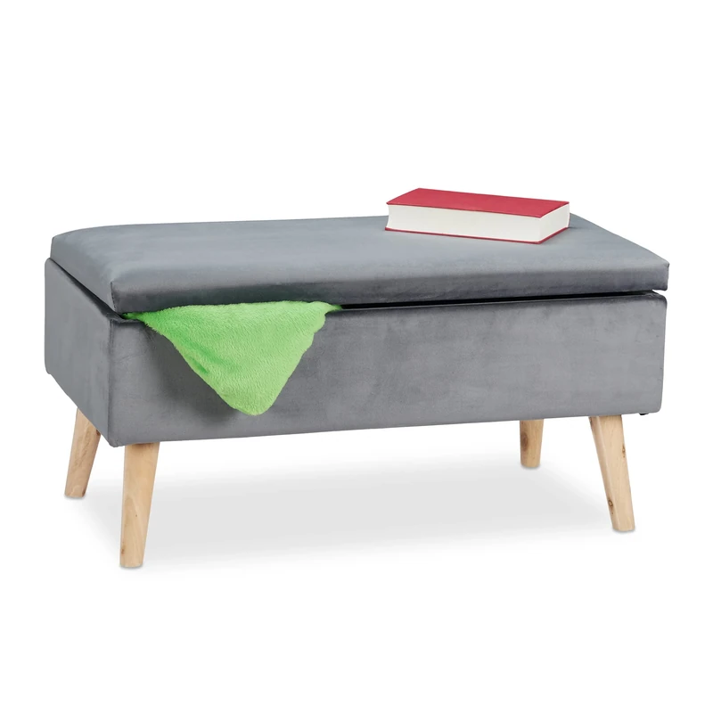 Relaxdays ottoman storage bench, velvet upholstery, 40l capacity, padded seat, wooden legs, seating furniture, dark grey